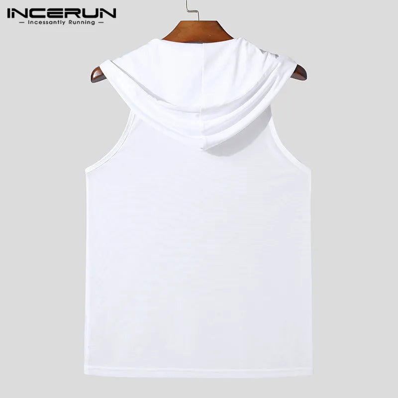 INCERUN Tops 2024 American Style Fashionable Mens Perspective Mesh Hooded Vests Sexy Casual Streetwear Thin Male Tank Tops S-5XL