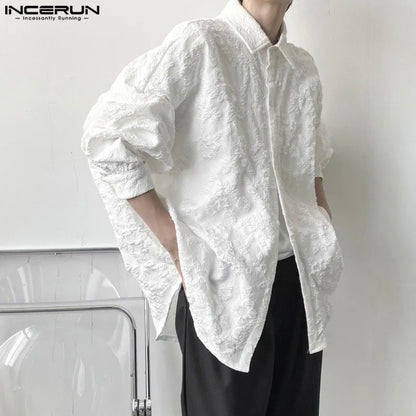 Stylish Casual Style Tops INCERUN New Mens Embossed Pleated Jacquard Design Shirts Handsome Male Loose Long Sleeved Blouse S-5XL