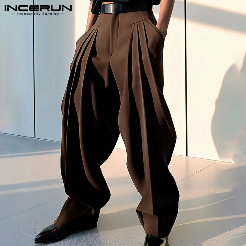 2024 Men Pants Solid Color Joggers Loose Streetwear Korean Style Casual Trousers Men Pleated Fashion Leisure Pants S-5XL INCERUN