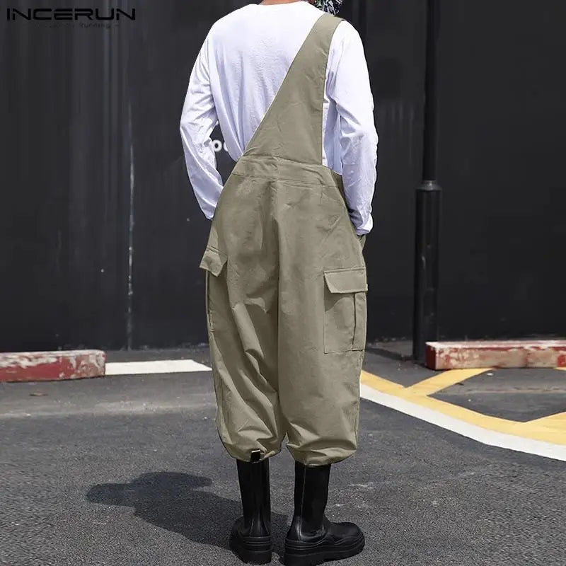 2023 Men Jumpsuits Solid Color Loose Sleeveless Casual One Shoulder Fashion Rompers Streetwear Male Cargo Overalls Pants INCERUN