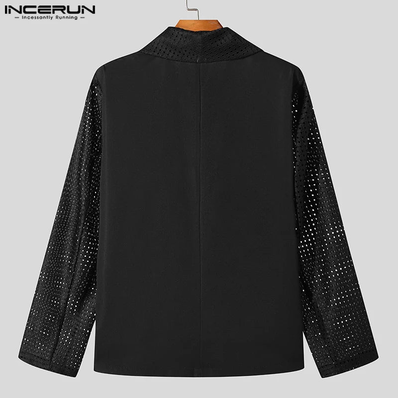 INCERUN Tops 2024 American Style Handsome Mens Hollow Mesh Solid Blazer Casual Streetwear Hot Sale Long Sleeved Suit Coats S-5XL