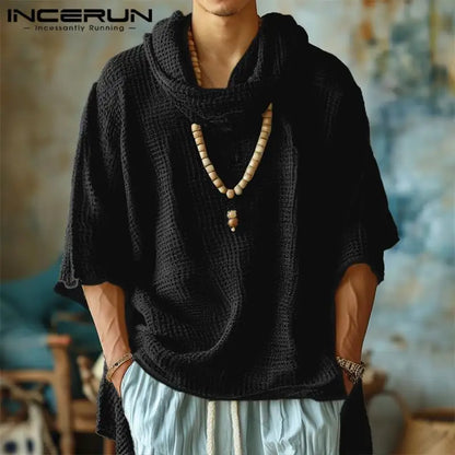 INCERUN Tops 2024 Korean Style Fashion Men's Scarf Pile Collar Design T-shirts Casual Solid Three-quarter Sleeved Camiseta S-5XL