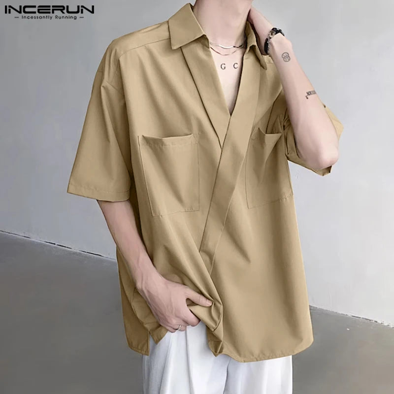 Stylish Well Fitting Tops INCERUN New Men's V-neck Pocket Design Solid Simple Blouse Casual Male Loose Short Sleeved Shirt S-5XL