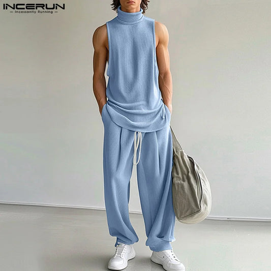 INCERUN 2024 American Style Sets New Men's Casual Pit Stripe High Neck Vests Pants Fashion Streetwear Solid Two Piece Sets S-5XL