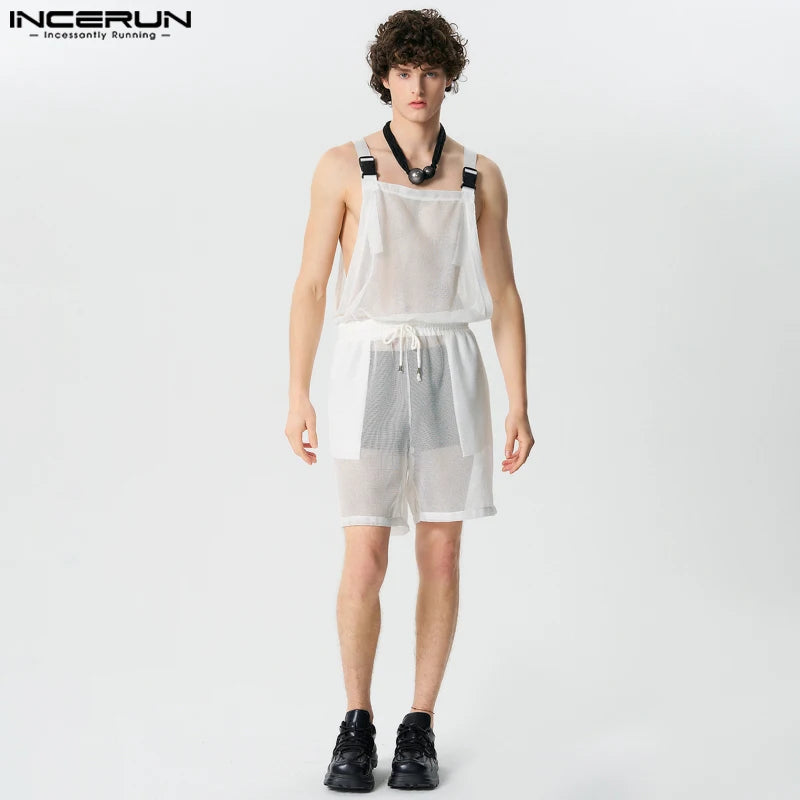 INCERUN Hommes Combinaisons Shorts Maille Transparent Solide Cordon Barboteuses Hommes Streetwear 2024 Lâche Sans Manches Bretelles Combinaisons