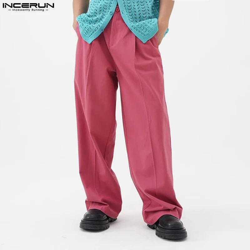 INCERUN 2023 Korean Style New Men Trousers All-match Simple Wide Leg Pantalons Fashion Streetwear Solid Straight Leg Pants S-5XL