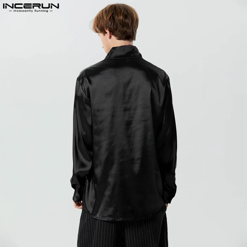 INCERUN Tops 2023 American Style Fashion Men's Swing Collar Satin Blazer Casual Solid Comfortable Long Sleeved Suit Coats S-5XL