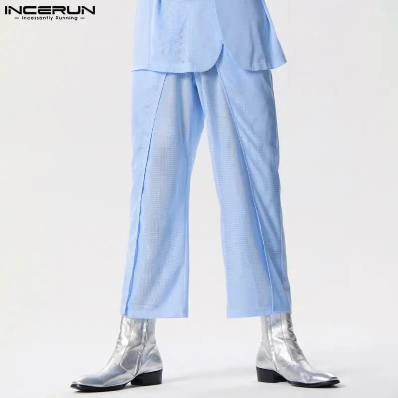 INCERUN 2024 American Style Men's Pantalons Fashion Hollow Mesh Design Long Pants Casual Clubwear Solid All-match Trousers S-5XL