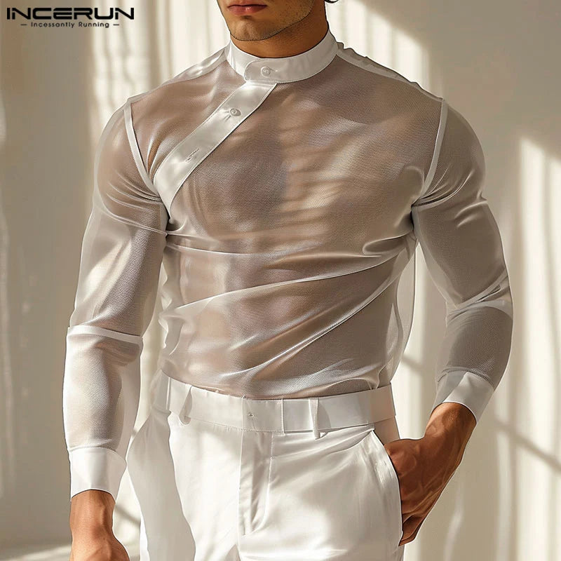 INCERUN Herren Sommerhemden Langarm Button Down Mesh Tops Transparente Hemden Übergröße Herren Kleidung Übergröße Chemise Tops