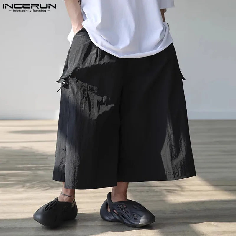 INCERUN 2024 Korean Style Trousers Men Loose Leisure Streetwear Pantalons Stylish Male Solid All-match Wide Leg Long Pants S-5XL