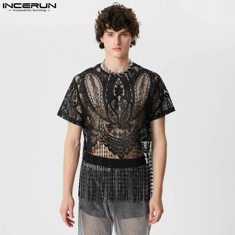 INCERUN Tops 2024 American Style Fashion Men's Lace Perspective Tassel Cropped T-shirts Sexy O-neck Short Sleeved Camiseta S-5XL