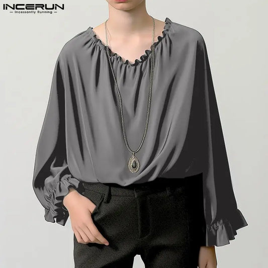 INCERUN Tops 2024 Fashionable New Men's Loose O-neck Ruffled Design T-shirts Casual Solid All-match Long Sleeved Camiseta S-5XL