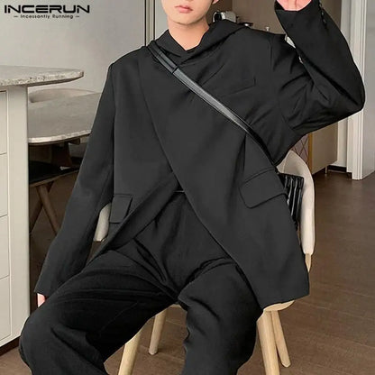 INCERUN Tops 2023 Korean Style Handsome Men's Hooded Diagonal Placket Design Suit Solid Well Fitting Casual Street Blazer S-5XL