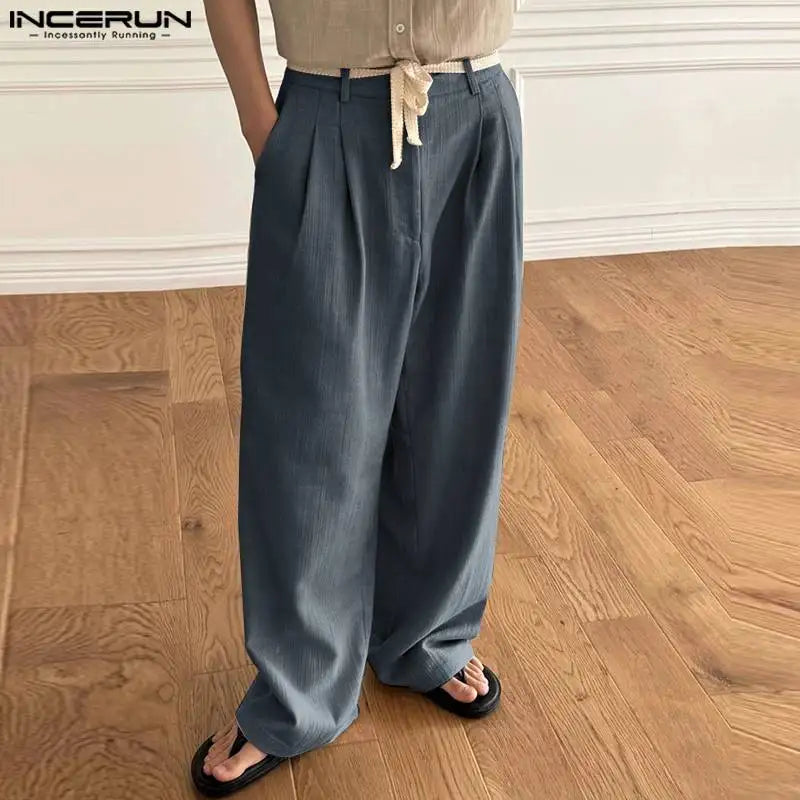 INCERUN 2024 Korean Style Trousers Men's Strappy Double Pleated Coarse Fiber Straight Leg Pant Male Solid Simple Pantalons S-5XL