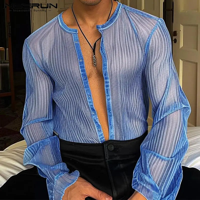 Fashion Sexy Style Tops INCERUN New Men's See-through Design Solid Shirts Casual Party Shows Male Thin Long Sleeved Blouse S-5XL