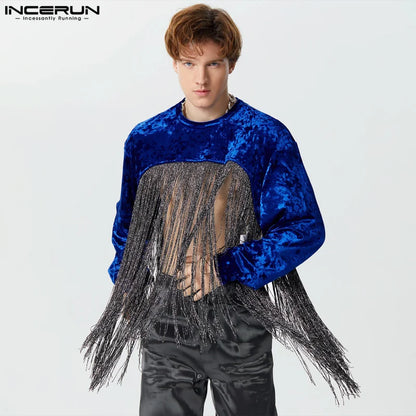 Stylish Casual Style Tops INCERUN Men's Cropped Suede Patchwork Long Tassel T-shirts Sexy Male Long Sleeved Camiseta S-5XL 2024