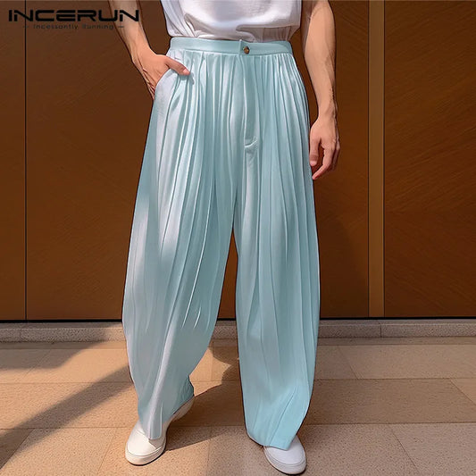 Men Pants Solid Color Button Joggers Loose Pleated Streetwear Casual Straight Trousers Men 2024 Fashion Long Pants S-5XL INCERUN