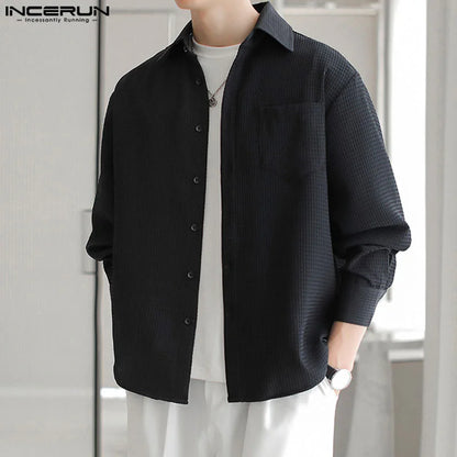 Handsome Well Fitting Tops INCERUN New Men's Casual All-match Texture Shirts Fashion Streetwear Solid Long Sleeved Blouse S-5XL