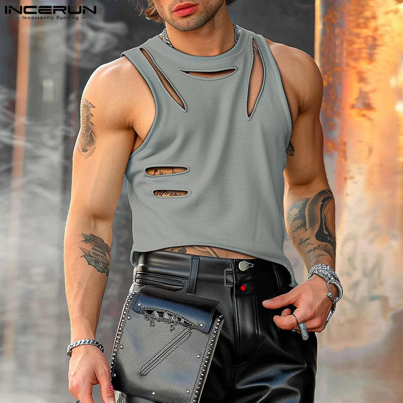 Mode Lässig Stil Tops INCERUN Neue Herren Unregelmäßigen Hohl Burn-out Tank Tops Männlichen Streetwear Solide Ärmellose Westen S-5XL 2024