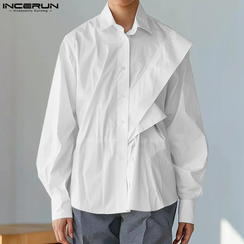 Handsome Well Fitting Tops INCERUN Men Fashion Loose Sloping Design Shirt Casual Streetwear Solid Long Sleeved Blouse S-5XL 2024