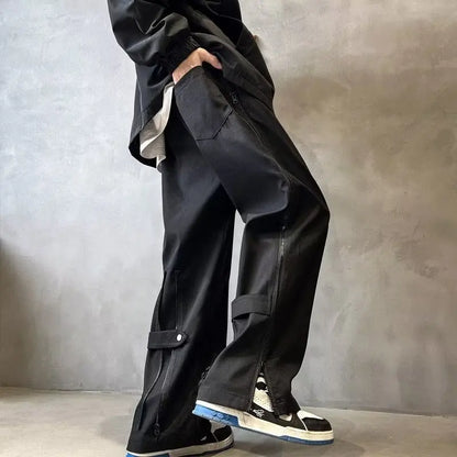 HOUZHOU Wide Leg Pants Men Sports Tracksuit Zipper Slit Oversize Trousers Male Loose Casual Streetwear Hip Hop Spring and Autumn