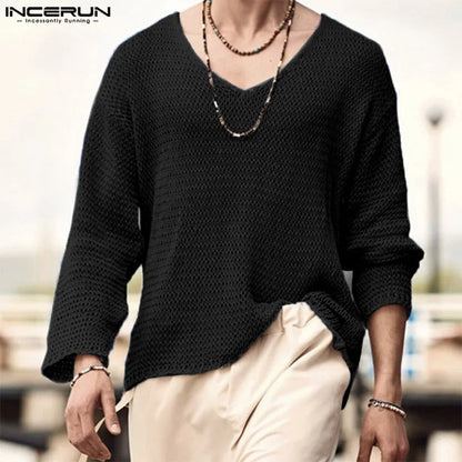 Stylish Hot Sale Tops INCERUN New Men All-match Simple V-neck Camiseta Casual Well Fitting Male Long Sleeve T-shirts S-5XL 2023