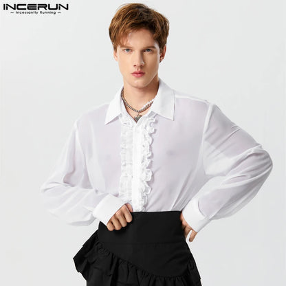 Mode Casual Style Tops INCERUN Neue Herren Chiffon Transparent Rüschen Knopfleiste Shirts Männliche Dünne Langarm Revers Bluse S-5XL