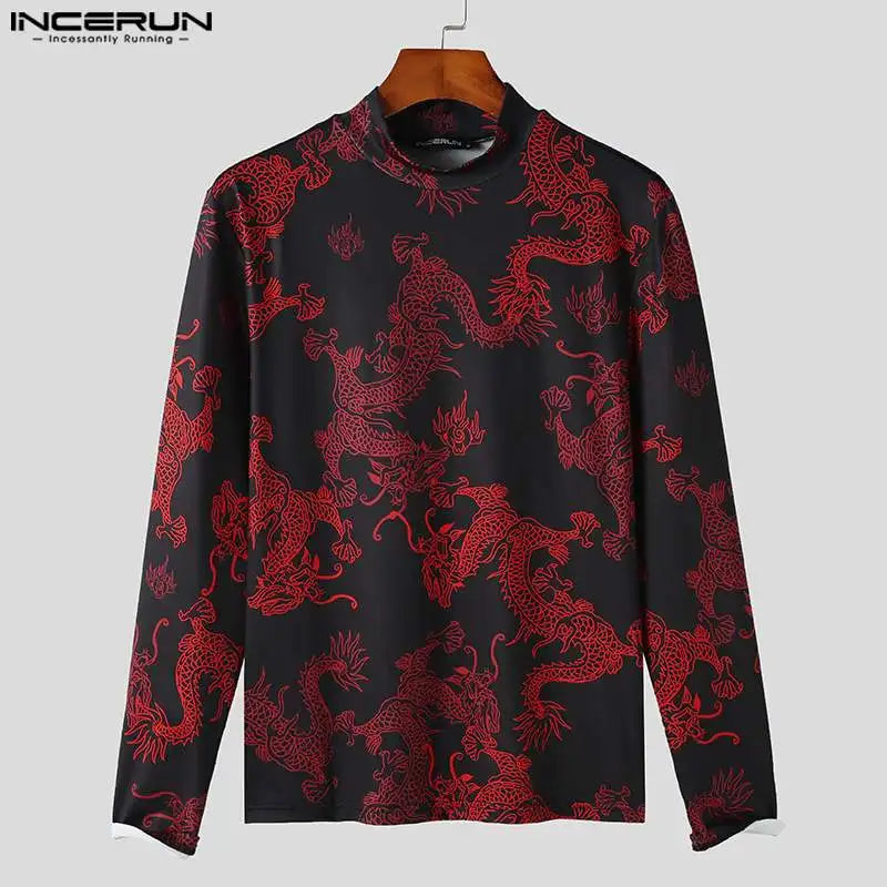 INCERUN Tops 2023 American Style Fashion Men Retro Dragon Totem Pattern T-shirts Casual Personalized Long Sleeved Camiseta S-5XL