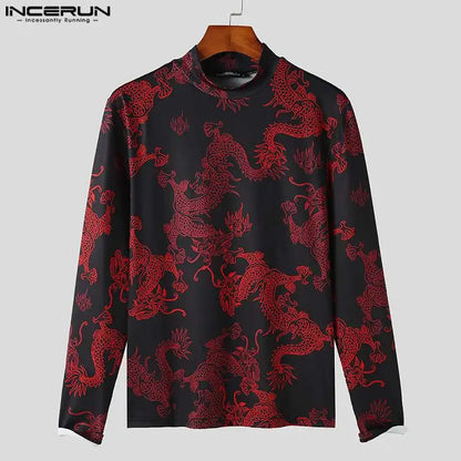 INCERUN Tops 2023 Style Américain Mode Hommes Rétro Dragon Totem Motif T-shirts Décontracté Personnalisé À Manches Longues Camiseta S-5XL