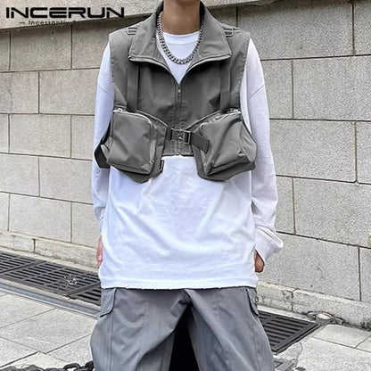 INCERUN Sommer Herbst Männer Westen Mode Westen Ärmellose Streetwear Cargo Lose Taschen Übergroßen Solide Zipper Männer Kleidung