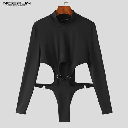 INCERUN 2023 Sexy Men's Rompers Hollow Deconstruction Design Jumpsuits Male Half High Neck Long Sleeved Triangle Bodysuits S-5XL