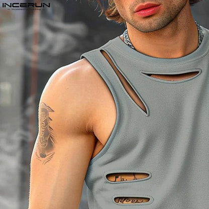 Mode Lässig Stil Tops INCERUN Neue Herren Unregelmäßigen Hohl Burn-out Tank Tops Männlichen Streetwear Solide Ärmellose Westen S-5XL 2024