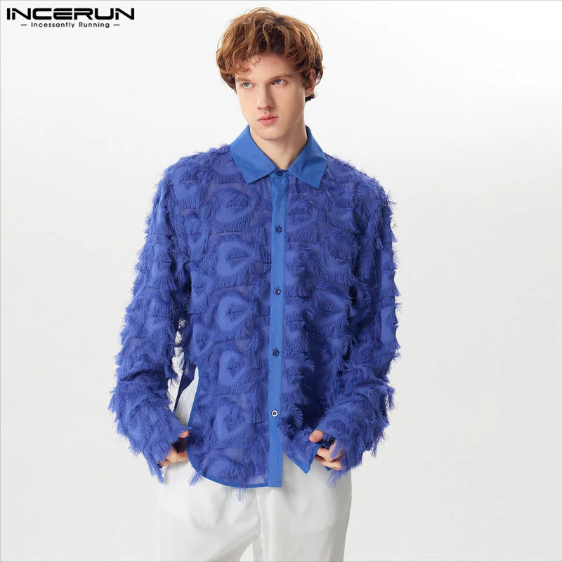 INCERUN Tops 2024 American Style New Men's Jacquard Tassel See-through Mesh Shirts Fashion Party Shows Long Sleeved Blouse S-5XL