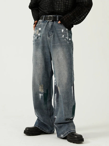 HOUZHOU Übergroße Jeans mit Grafik Y2k Herren zerrissene Jeanshose mit Aufdruck Blue Denim Hose Männlich Punk Japanische Streetwear Hip Hop