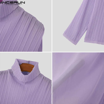 INCERUN Tops 2024 Korean Style New Men High Neck Design Striped Pleated T-shirts Casual Fashion Thin Long Sleeved Camiseta S-5XL