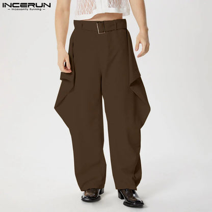 INCERUN 2024 American Style Trousers Men's Solid Color Silhouette Design Long Pants Casual Simple Male Wide Leg Pantalons S-5XL