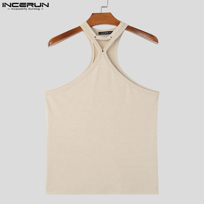 INCERUN Tops 2024 Sommer Modische Herren Elastische Enge Hängenden Hals Tank Tops Männlich Casual Solide Gestrickte Ärmellose Westen S-5XL