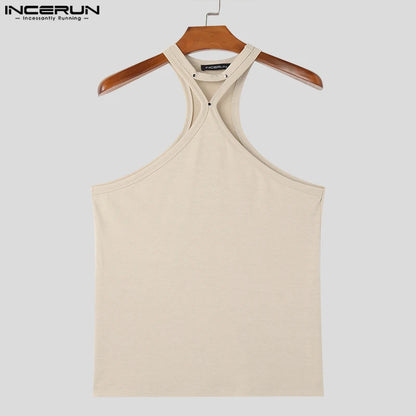 INCERUN Tops 2024 Summer Fashionable Men's Elastic Tight Hanging Neck Tank Tops Male Casual Solid Knitted Sleeveless Vests S-5XL