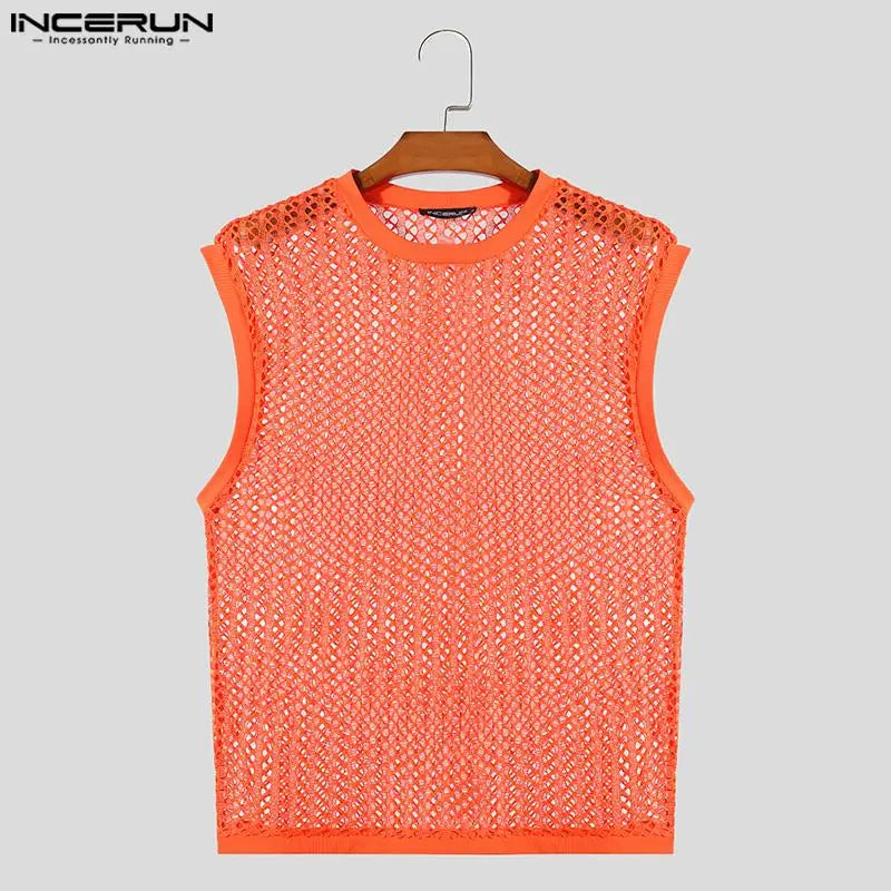 INCERUN Tops 2024 American Style Sexy Men Solid Hollow Perspective Vests Stylish Streetwear Male All-match Loose Tank Tops S-5XL