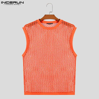 INCERUN Tops 2024 American Style Sexy Men Solid Hollow Perspective Vests Stylish Streetwear Male All-match Loose Tank Tops S-5XL