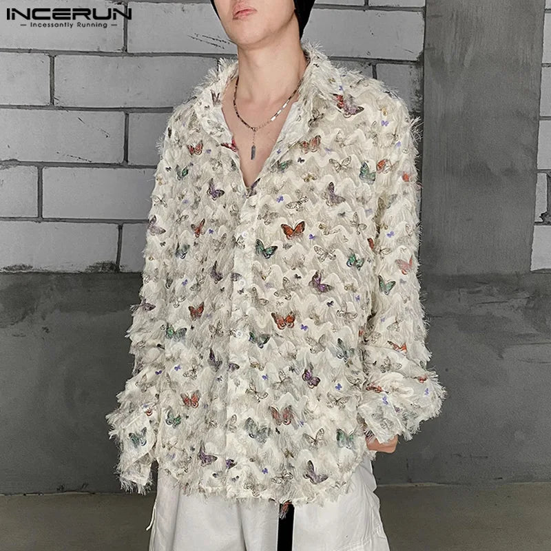 INCERUN Tops 2024 Korean Style Men's Personalized Printing Tassels Design Shirts Handsome Male Long Sleeved Lapel Blouse S-5XL