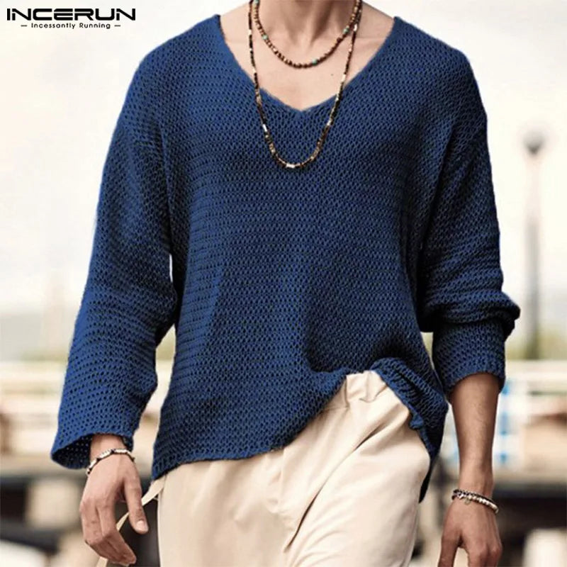 Stylish Hot Sale Tops INCERUN New Men All-match Simple V-neck Camiseta Casual Well Fitting Male Long Sleeve T-shirts S-5XL 2023