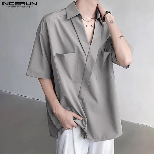 Stylish Well Fitting Tops INCERUN New Men's V-neck Pocket Design Solid Simple Blouse Casual Male Loose Short Sleeved Shirt S-5XL