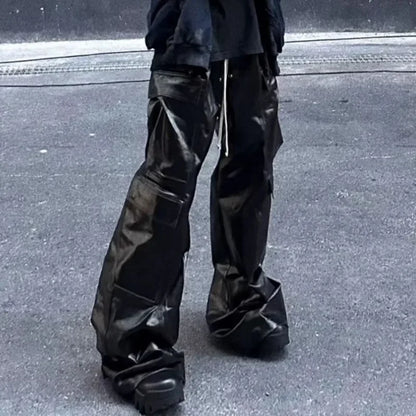 HOUZHOU RO Style Glänzend Schwarze Pu-Lederhose für Männer High Street Y2k Pantalones Hombre Baggy Overall Weites Bein Kordelzug Cargo