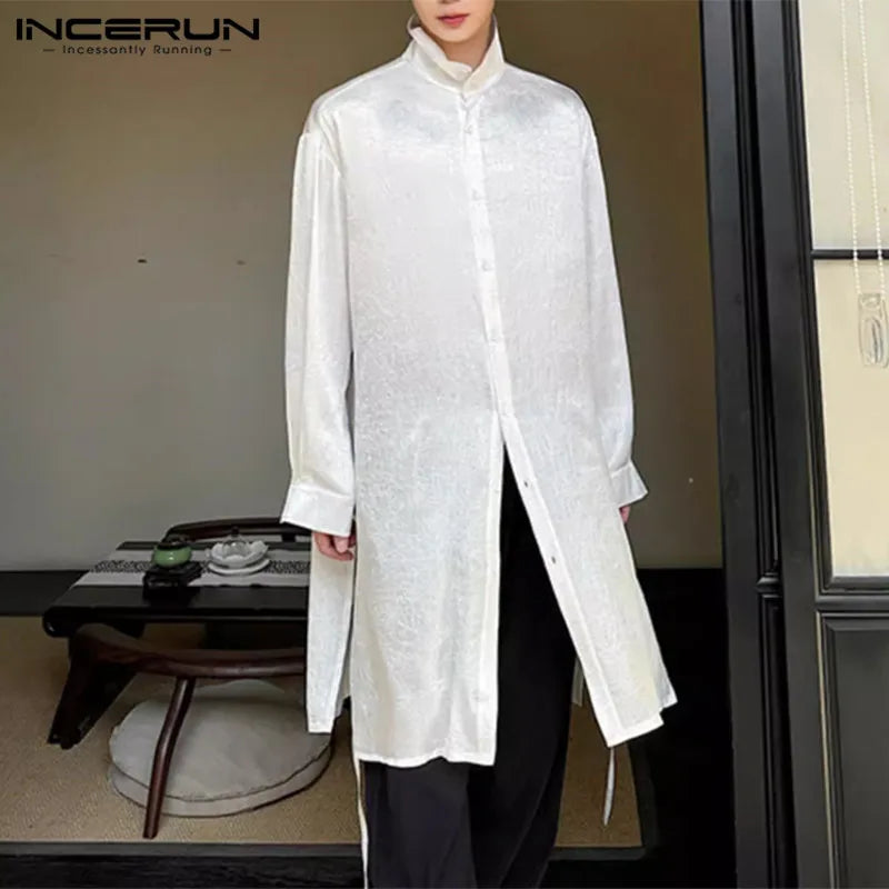 INCERUN Tops 2024 Korean Style New Men Satin Texture High Neck Shirts Casual Well Fitting Solid Medium Long Sleeved Blouse S-5XL