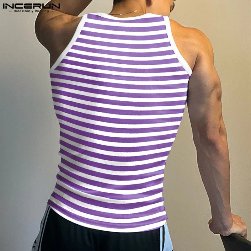 INCERUN Männer Gestreiften Tank Tops Quadrat Kragen Ärmelloses Fitness Sommer Männlichen Westen Streetwear 2024 Mode Casual Männer Kleidung