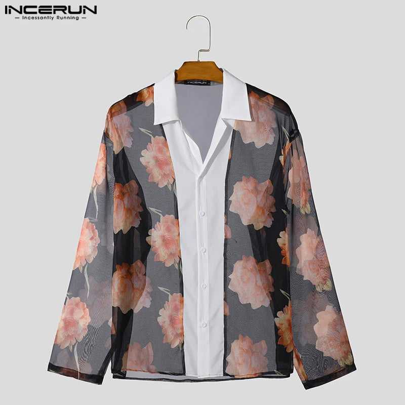 INCERUN Tops 2024 Handsome Men's Patchwork See-through Rose Shirts Spring Summer Personality Male Thin Long Sleeved Blouse S-5XL