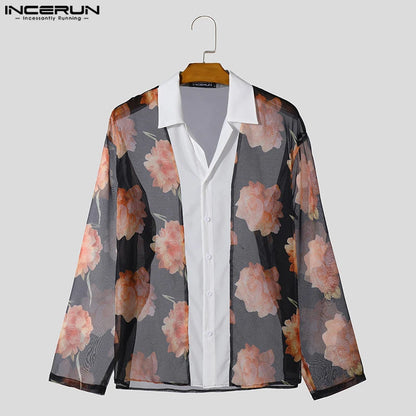 INCERUN Tops 2024 Handsome Men's Patchwork See-through Rose Shirts Spring Summer Personality Male Thin Long Sleeved Blouse S-5XL