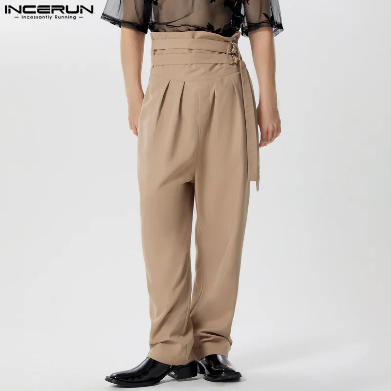 INCERUN 2024 American Style Pantalons Stylish Men High Waisted Lace Up Design Trousers Male City Walk Solid Wide Leg Pants S-5XL