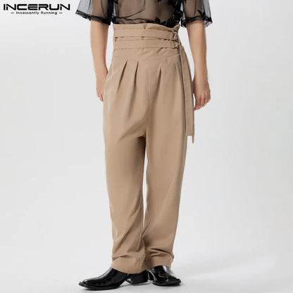 INCERUN 2024 Pantalons im amerikanischen Stil, stilvolle Herrenhose mit hoher Taille und Schnürung, einfarbige Hose mit weitem Bein, S-5XL